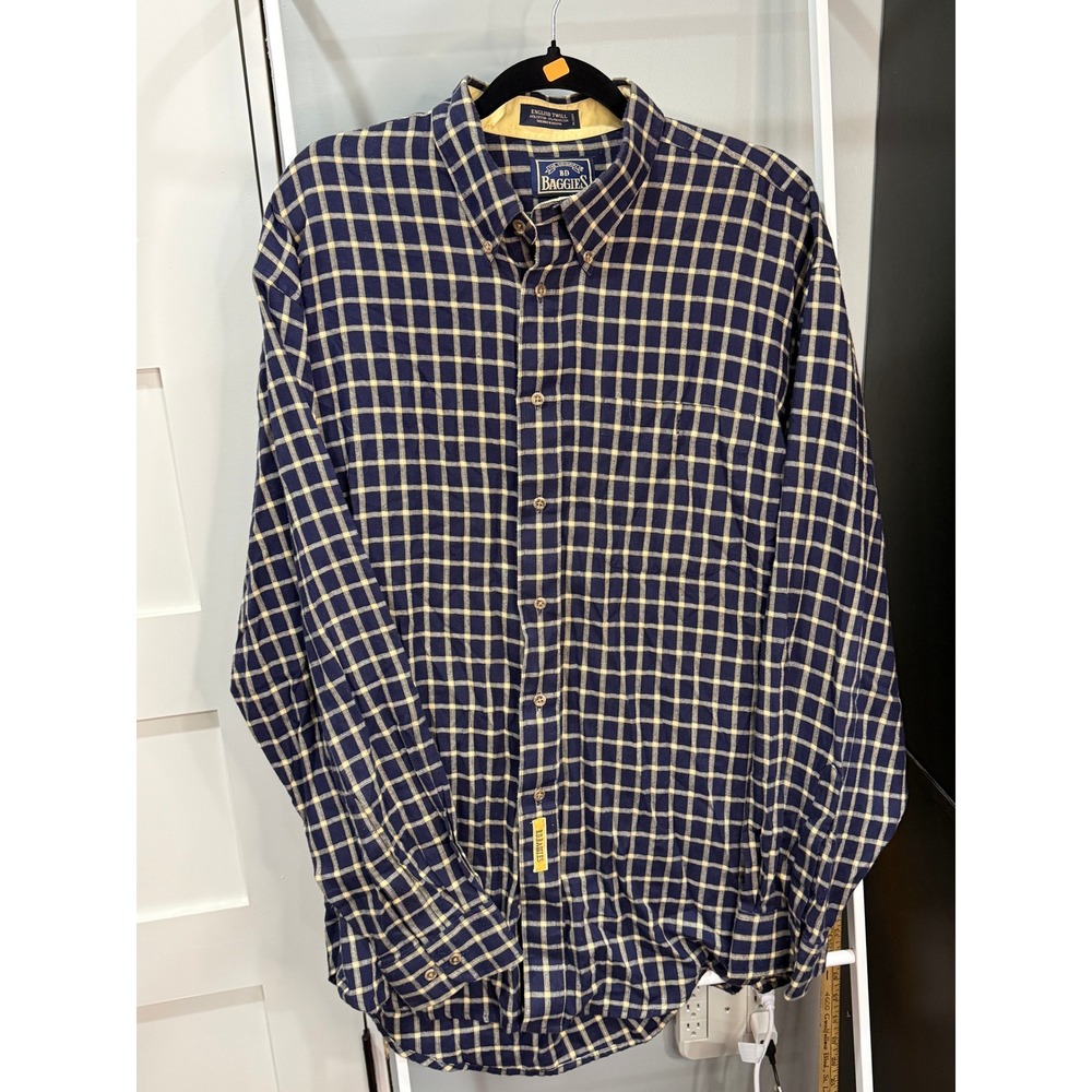 Vintage BD Baggies Shirt Mens XL Navy Yellow Plaid English Twill Button Down 90s